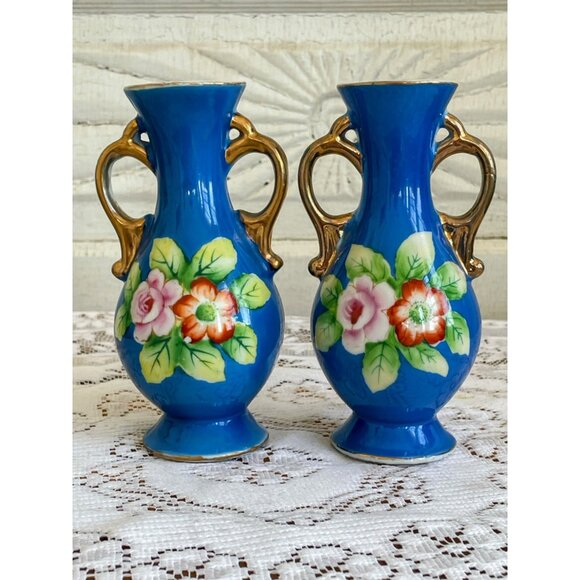 Vintage Pair 1950s Small Hand Painted Blue Flower Vases - Picture 11 of 11